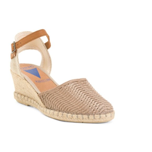 FUN VERBENAS Taupe Made In Spain Leather Ankle Strap Wedge Espadrille Heels - Picture 1 of 2